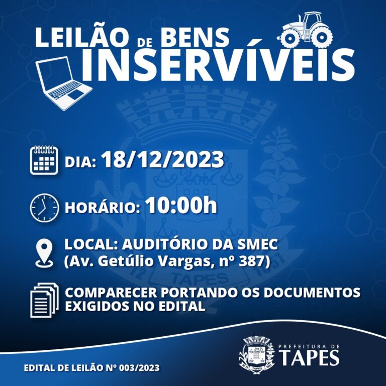 Prefeitura de Tapes fará leilão de bens inservíveis