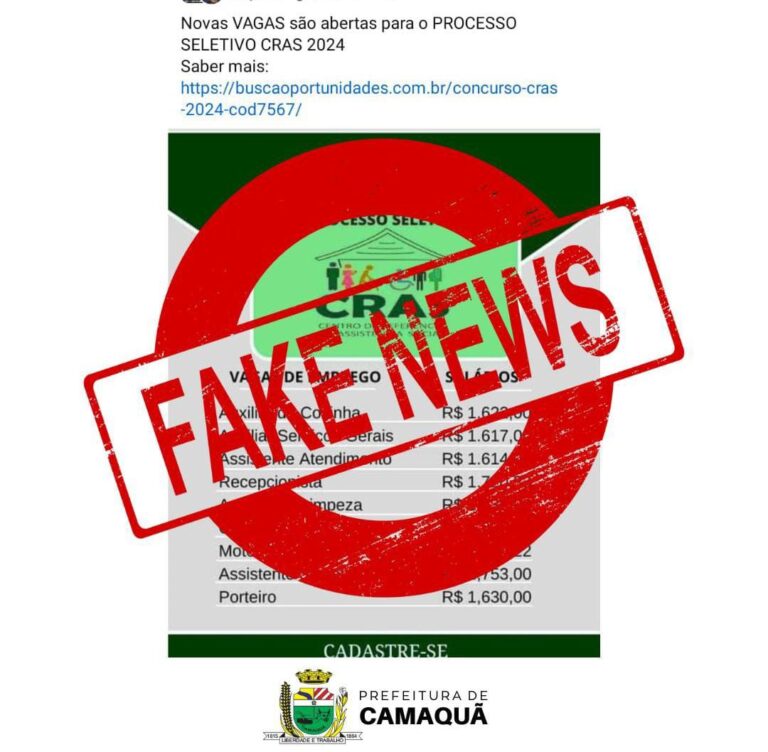 FAKE NEWS: é falso concurso para vagas no CRAS da Prefeitura de Camaquã