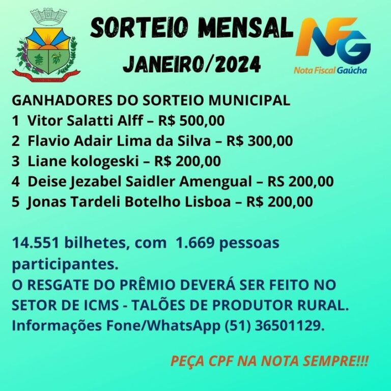 CONFIRA OS GANHADORES DE JANEIRO DA NOTA FISCAL GAÚCHA DE BARÃO DO TRIUNFO